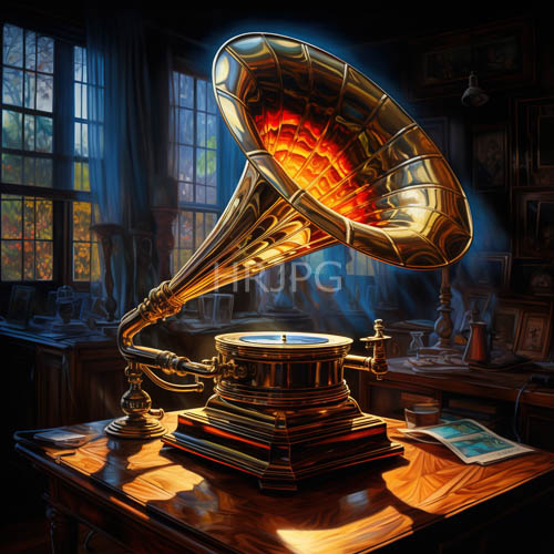 ornate gramophones sit atop wooden desks in dimlit studies amidst autumn foliage