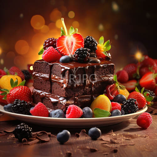 fruition of chocolate cakes with glossy icing and fresh fruit array on golden background