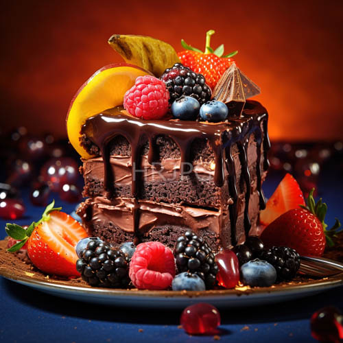 layered chocolate desserts with dark chocolate drizzle and fresh berries on opulent gold leaf