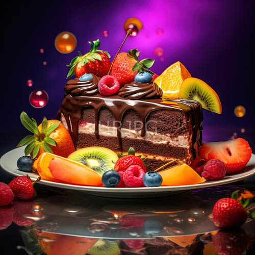 cascading triplelayered chocolate cakes with fresh fruit and cherries