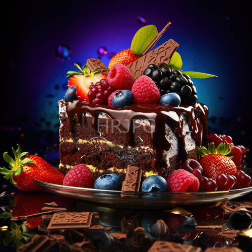High Resolution: Chocolate Syrup Drizzles Over Frosting Layers Amidst Fresh Fruit and Green Garnishes download. | HRJPG.com