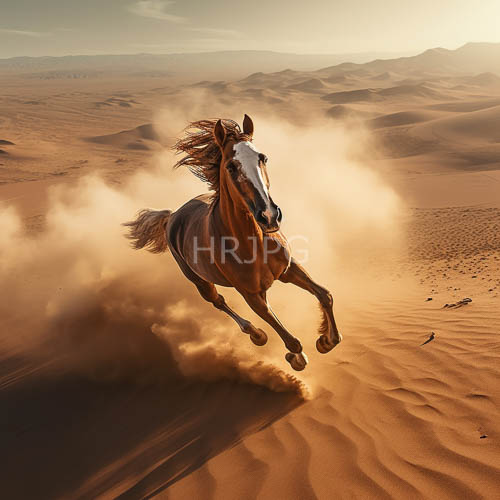 horses gallop through amber and rose desert sand dunes at fading sunset