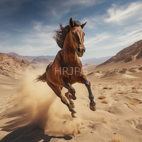 brown horse charges across sandy desert terrain amidst mountainous peaks