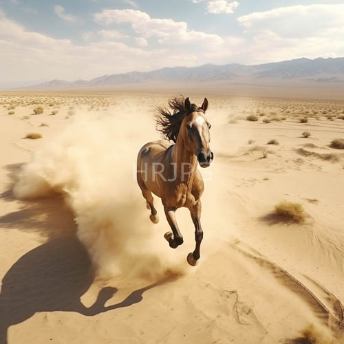elegant horse gallops across arid sand dunes under brilliant desert sunlight