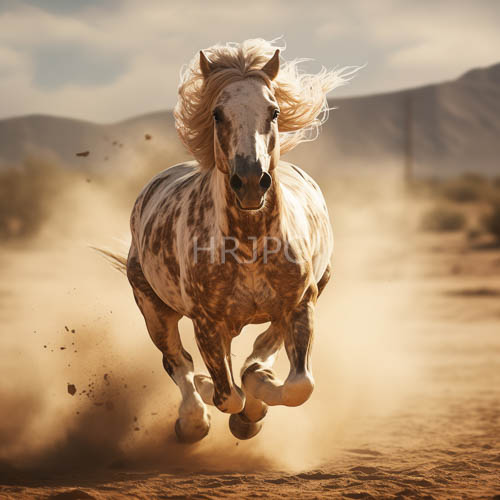 dusty desert gallop of horses amidst fissured mountain terrain under dappled sunlight