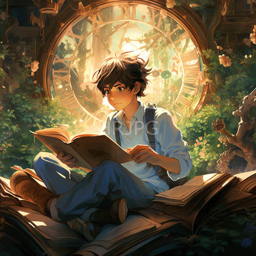 brownhaired figures sit amidst lush forest surrounded by ancient vinecovered clock faces and open books