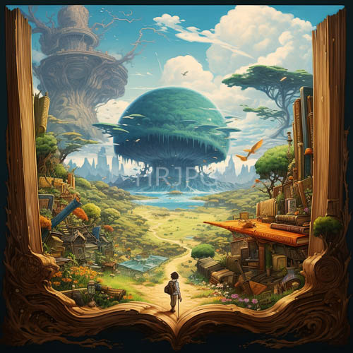 fantastical floating islands emerge from open book pages with lush greenery and cloudfilled skies