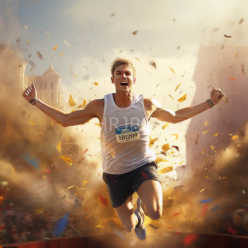 marathoner emerges triumphant over finish line barrier of colorful confetti