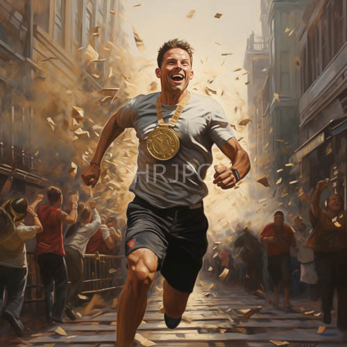 muscular athlete triumphantly crossing city streets amid confetti rain