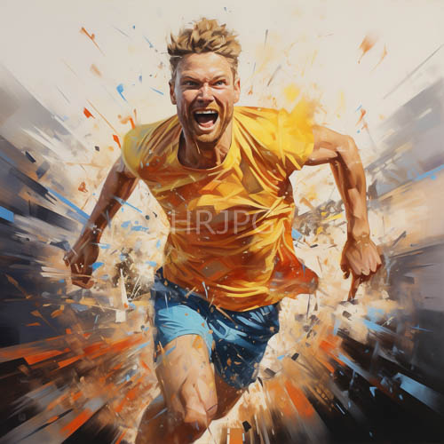 blondehaired man in fullbody movement amidst abstract street art patterns