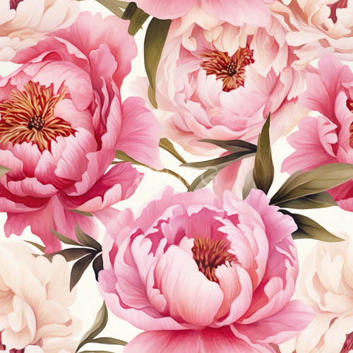 pink peonies with intricate petals against offwhite backgrounds and lush green leaves