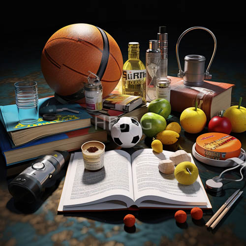 sports equipment and books converge on a dappled tabletop with stacked volumes and apples brightly lit