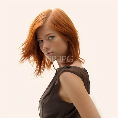 freckled woman in sheer dark brown top with red hair in ambient light