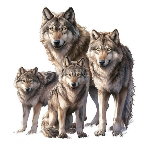 realistic wolf packs pose against stark white background showcasing textured fur and alert yellow eyes