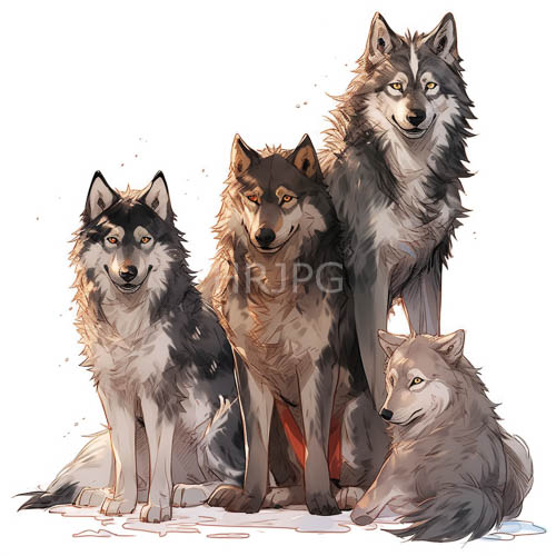 High Resolution: Wolf Pack Grouping with Varied Fur Patterns and Natural Postures on a White Background download. | HRJPG.com