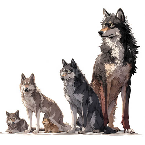 five wolves in a group with fur gradients and diverse expressions