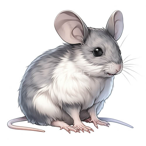 fluffy graywhite mice with large shiny ears and curled tails on plain white background