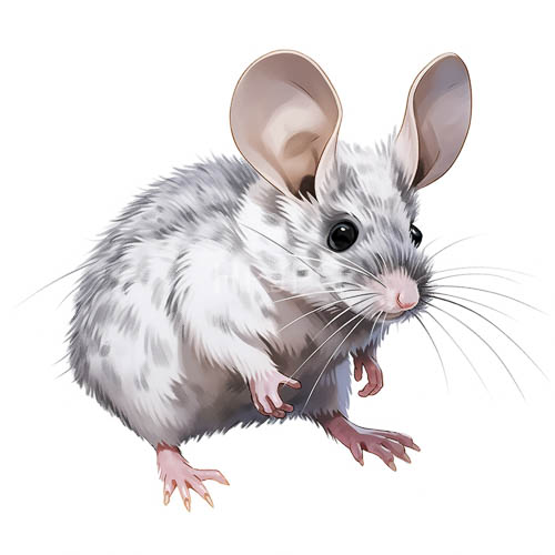white mice with pink ears and intricate grayish spots in midstep pose on plain white background