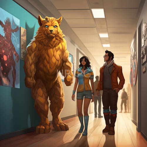 geometric lion statue confronts modern fashion in futuristic gallery space