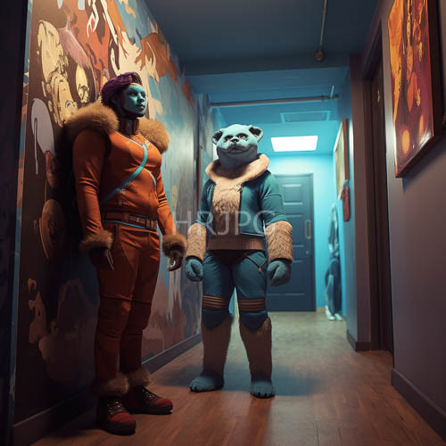 dim interior lights illuminate anthropomorphic figures examining wall art