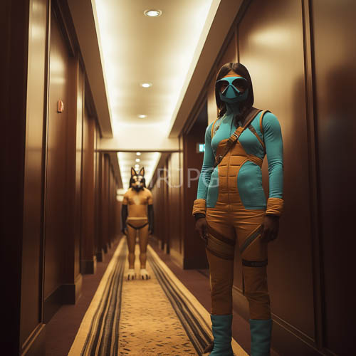brown walled corridors showcase figures in bluetan suits with insect hood masks in hightech setting