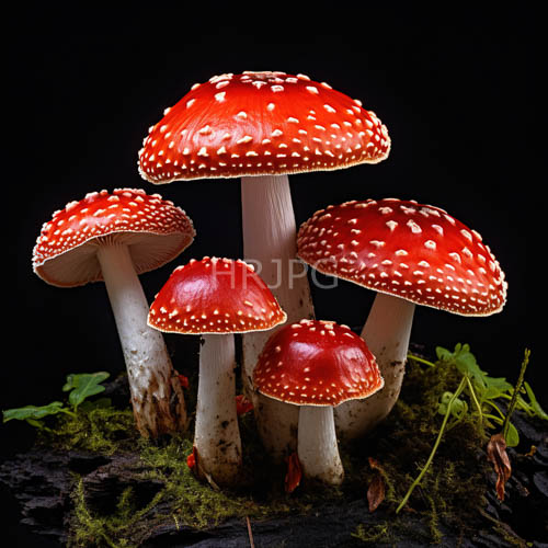 mushrooms amidst mosscovered soil on black background with green leaves