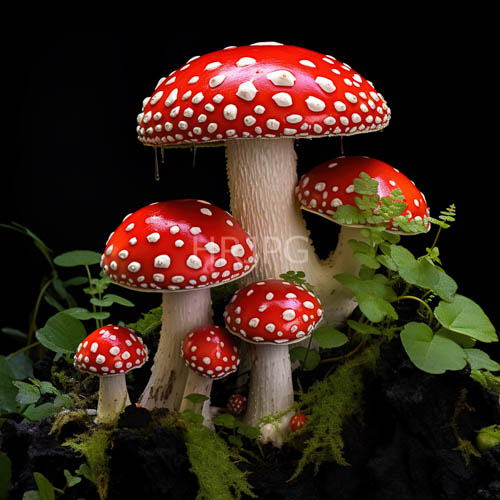 emerging forestlike composition of red and whitespotted mushrooms standing tall amidst mossy earth and green leaves
