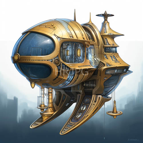 industrial fantasy airship unfolds with intricate mechanical details and blurred cityscape silhouettes