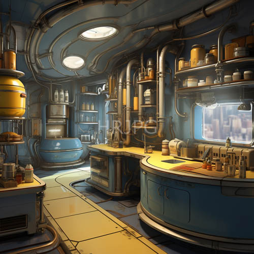 High Resolution: Steampunk Kitchen Abounds with Industrial Textures and Busy Machine Aesthetics Amidst Blue and Yellow Tones download. | HRJPG.com