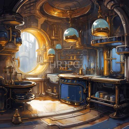 steampunk kitchen immersed in atmospheric bluegold hues and brass accents