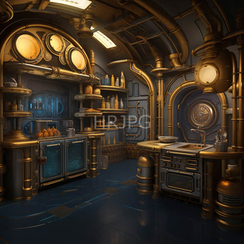 steampunk kitchen features curved pipes and vintage stoves with golden accents amidst arched ceilings