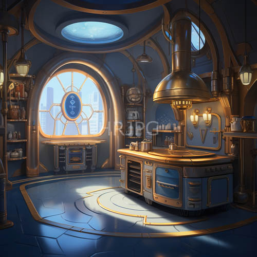 steampunk kitchen awaits morning light amidst cityscapes awakening