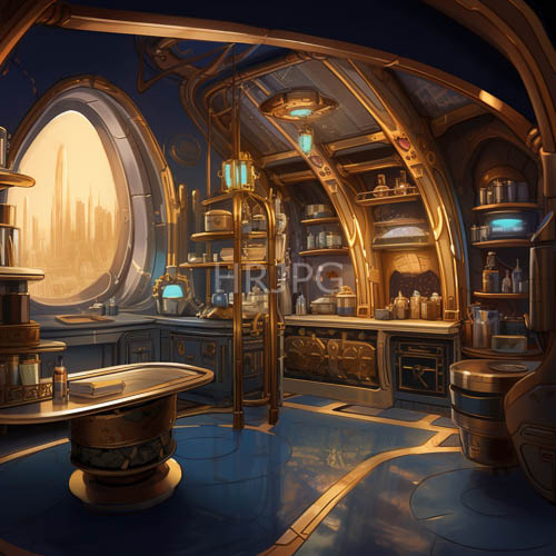 steampunk elements define futuristic bathroom with metallic arches and glass bottles