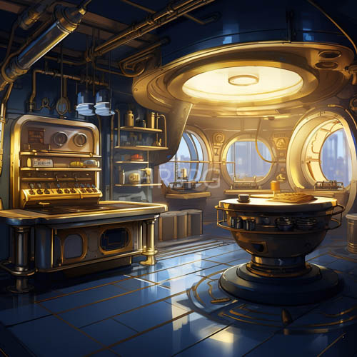 steampunk kitchen elegance unfolds in warm ambient light of brass fixtures