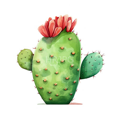 cactus with red flowers in watercolor style on white background with texture