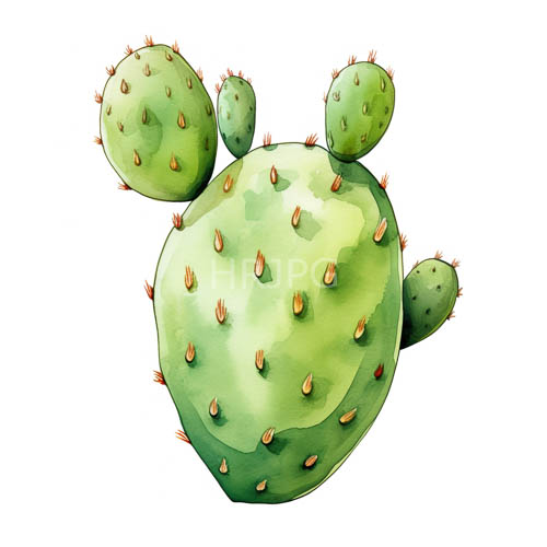 multiple round pads on cacti display asymmetrical organic growth in watercolor style