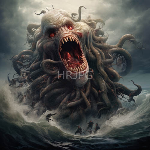 massive paleskinned sea monster breaches turbulent ocean waves with sharptoothed mouth agape