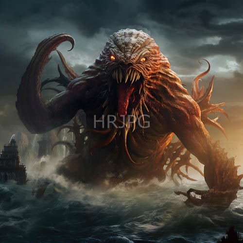 High Resolution: Monstrous Sea Creature Emerges from Turbulent OrangeHued Ocean at Dusk download. | HRJPG.com