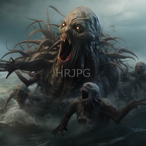 fearsome sea creatures emerge from churning turbulent ocean waters