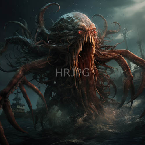 monstrous sea creature emerges from fathomless midnight waters amidst foggy nautical background