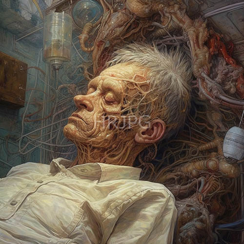 elderly men lie unconscious in a medical laboratory setting with intricately textured skin