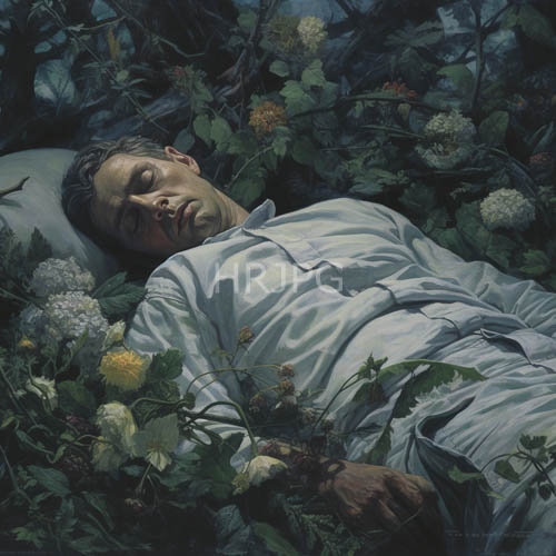 unconscious man surrounded by lush green foliage and delicate white hydrangeas in a vibrant garden setting
