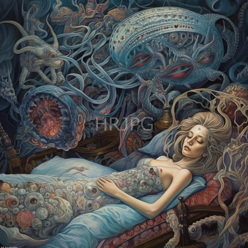 ethereal woman enveloped by multieyed marine predators in aquatic nightmare scenario