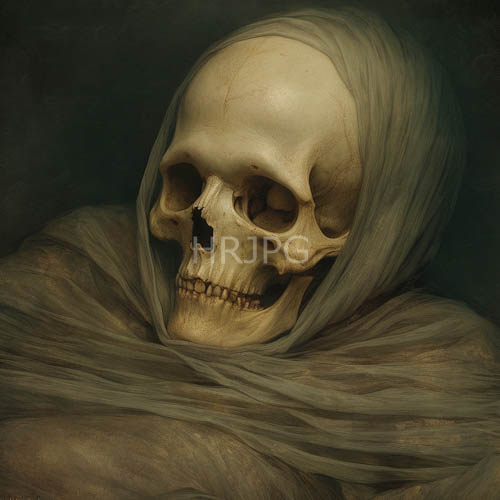 human skulls draped in translucent white shrouds against pitchblack canvases