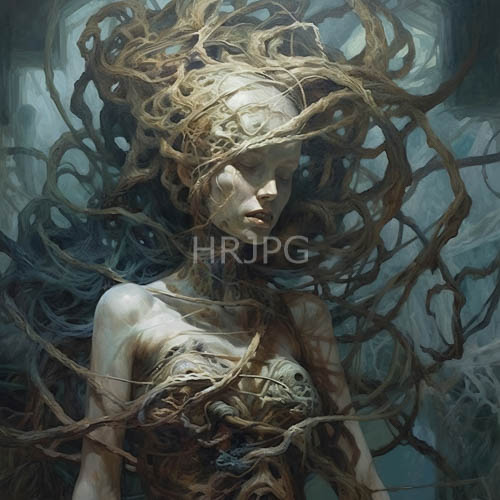 High Resolution: Ethereal womans twisted brown tresses cover face and chest amidst ancient teal forest mysticism download. | HRJPG.com