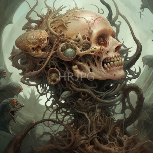skulls intertwined with tendrils amidst fungal forested landscapes underovercast skies
