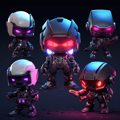 robotic warriors in combat poses against professional gradient backdrops with glowing visors