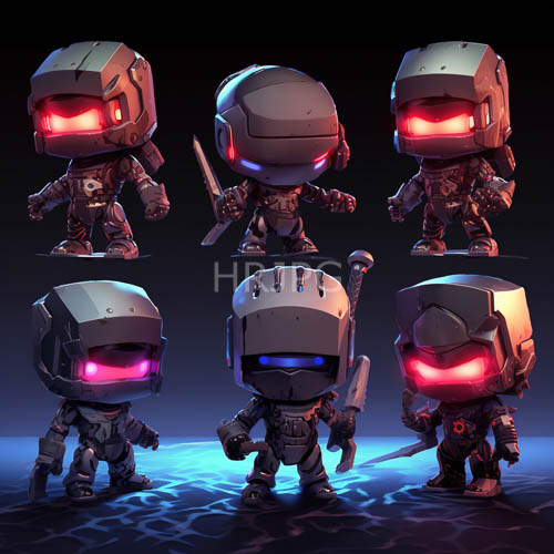 armed chibibot soldiers stand in rows on futuristic battlefield