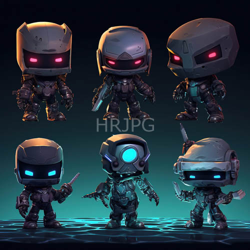 robotic warriors in metallic armor wielding bladed weapons in lowlit urban environment