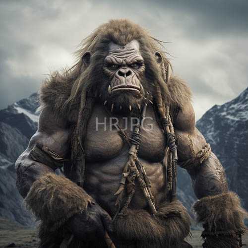 gorillas with tangled dreadlocks stand before snowcapped mountains and dramatic cloud cover
